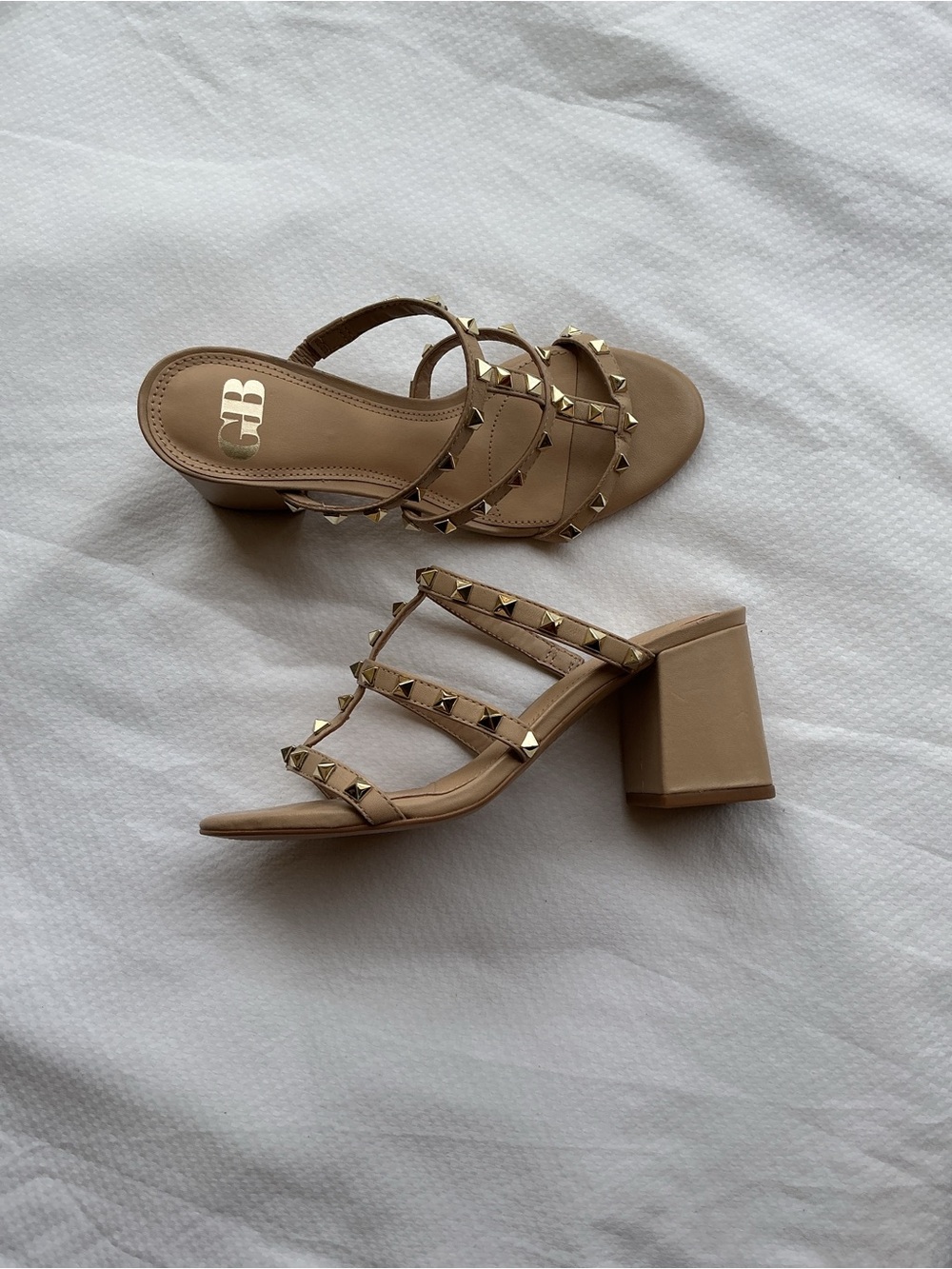 Gianni Bini Tan Studded Strappy Block Heel Sandals